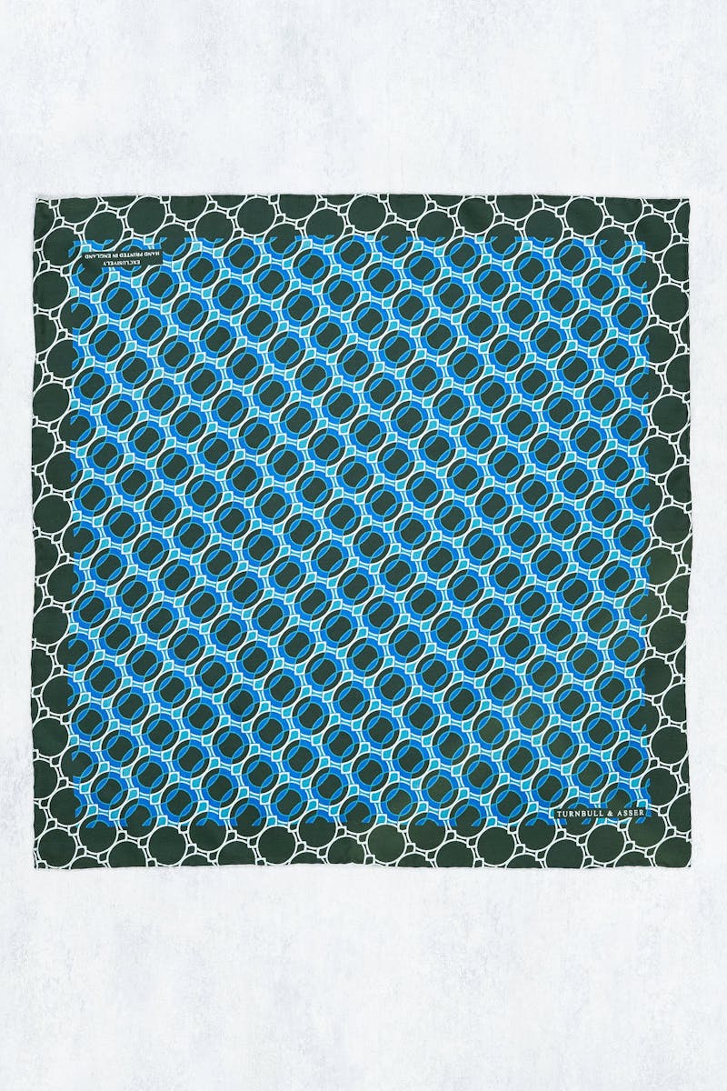 Turnbull & Asser Dark Green with Blue Spot Mosaic Circle Pattern Silk Pocket Square