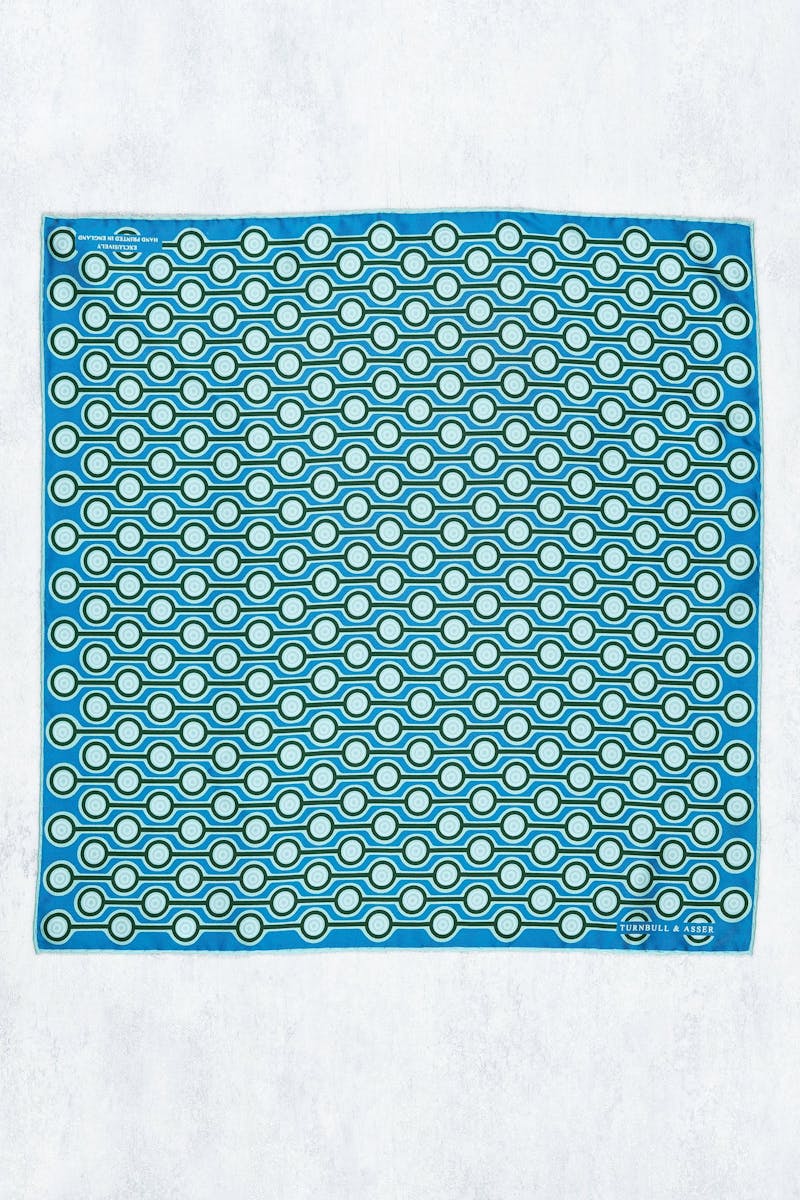 Turnbull & Asser Blue with Green Spot Bullseye Pattern Silk Pocket Square