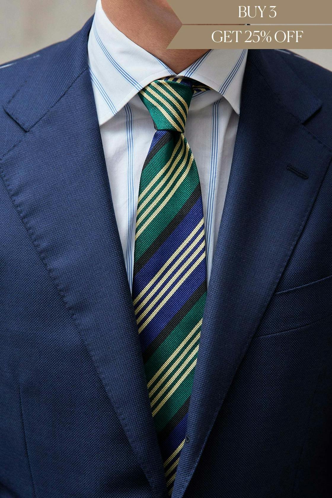 Drake's Green/Blue with Yellow/Black Stripe Silk Tie