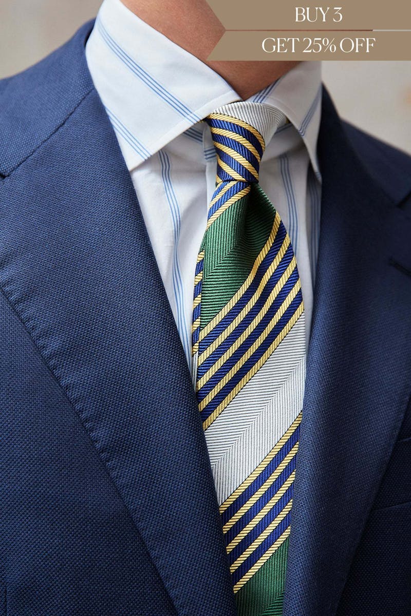 Drake's Green/White with Yellow/Navy Stripe Herringbone Silk Tie