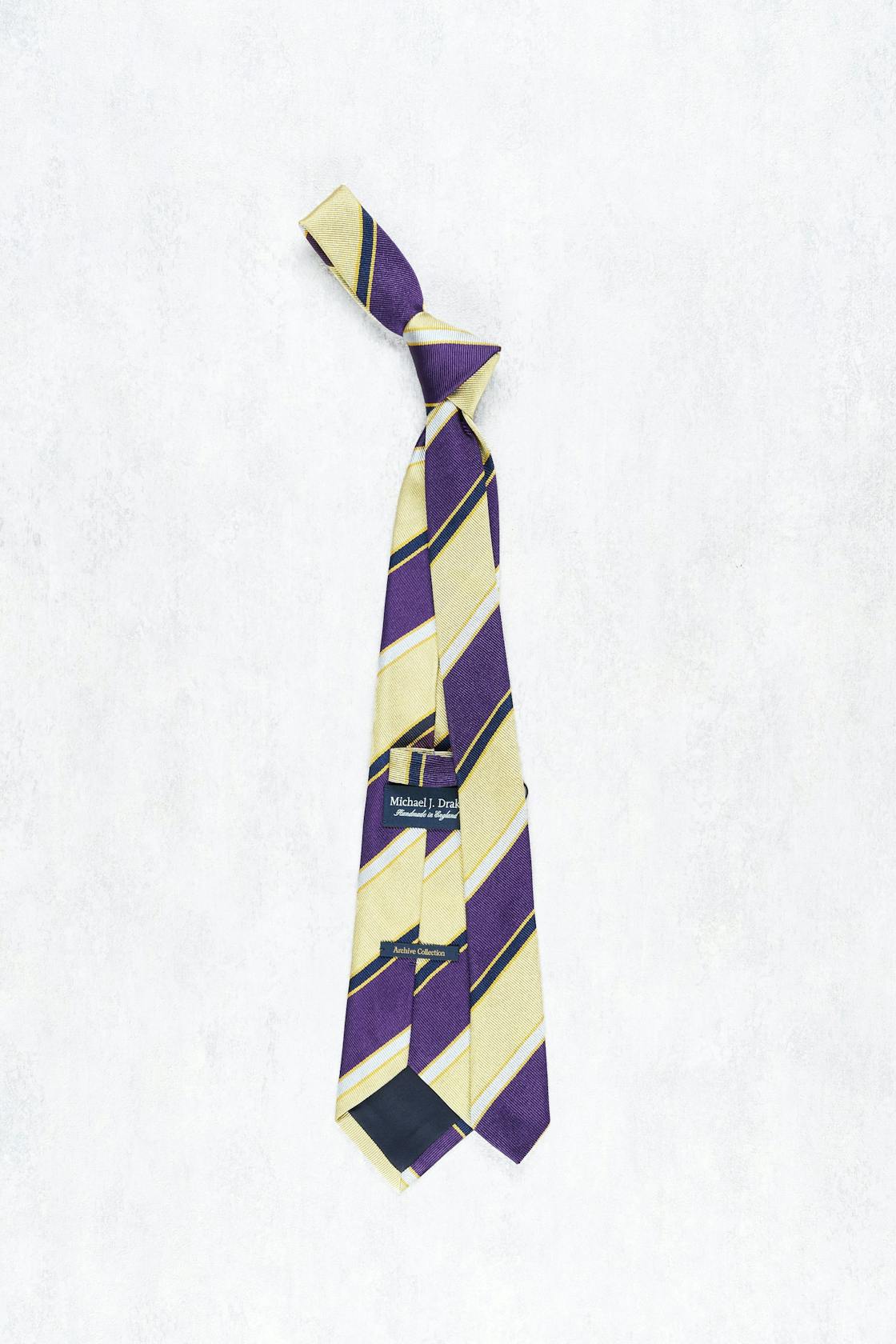 Drake's Purple/Yellow/Navy/Ivory Stripe Silk Tie