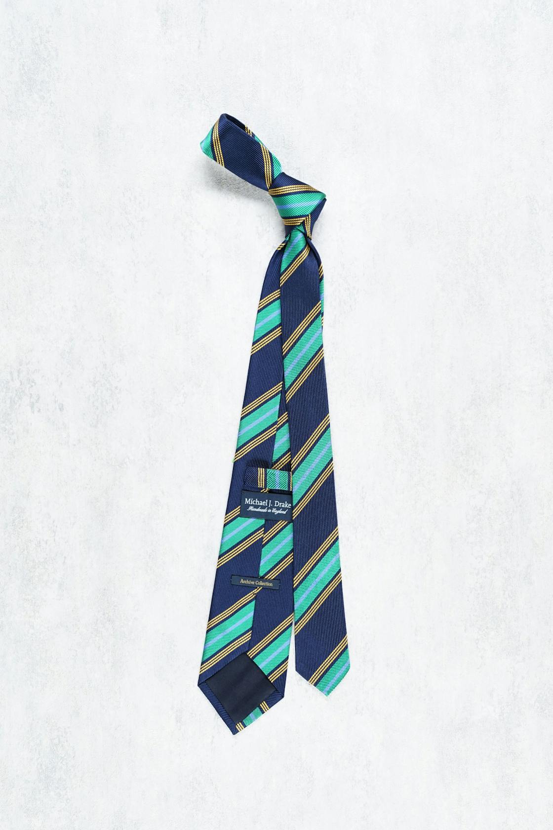 Drake's Navy with Green/Light Blue/Yellow Stripe Herringbone Silk Tie