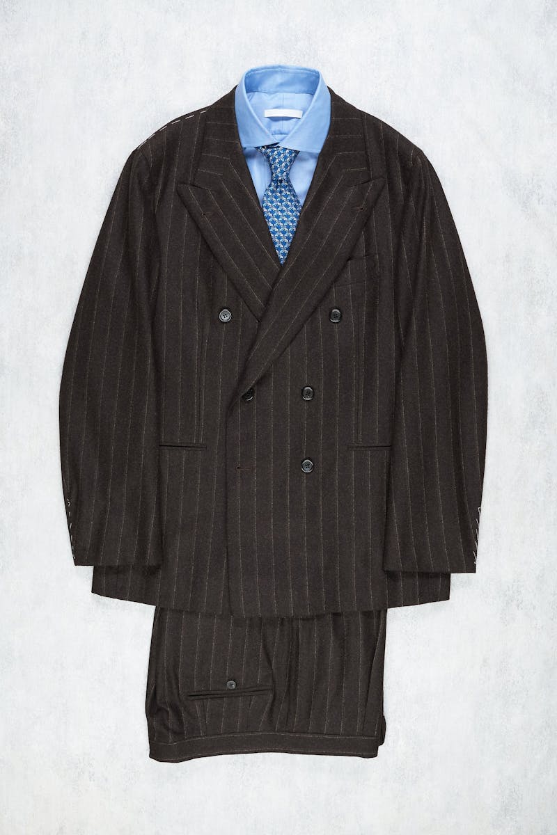Orazio Luciano Brown Vintage Flannel Stripe Double Breast Suit