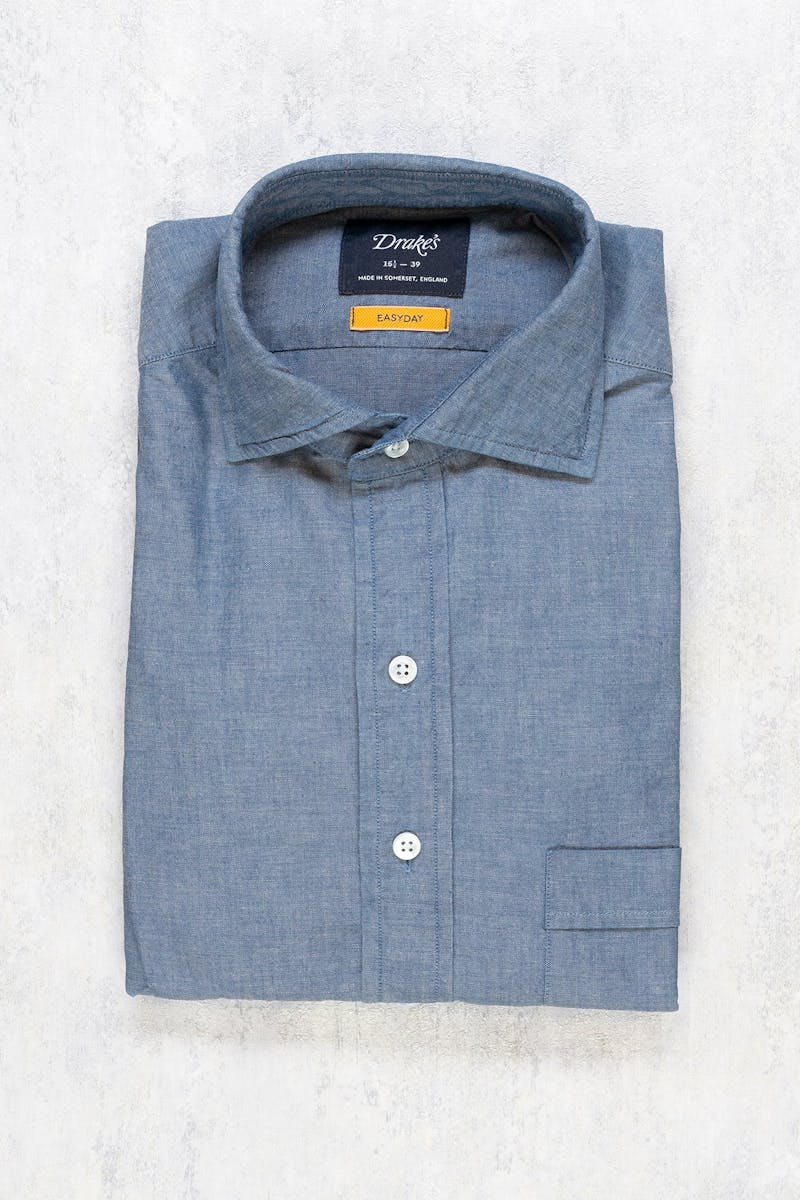 Drake's Blue Cotton Easyday Chambray Spread Collar Shirt