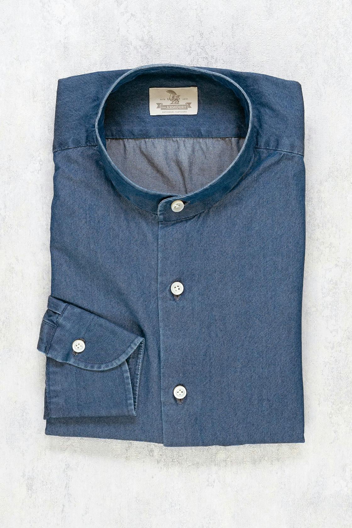 The Armoury Blue Cotton Denim Nehru Collar Shirt