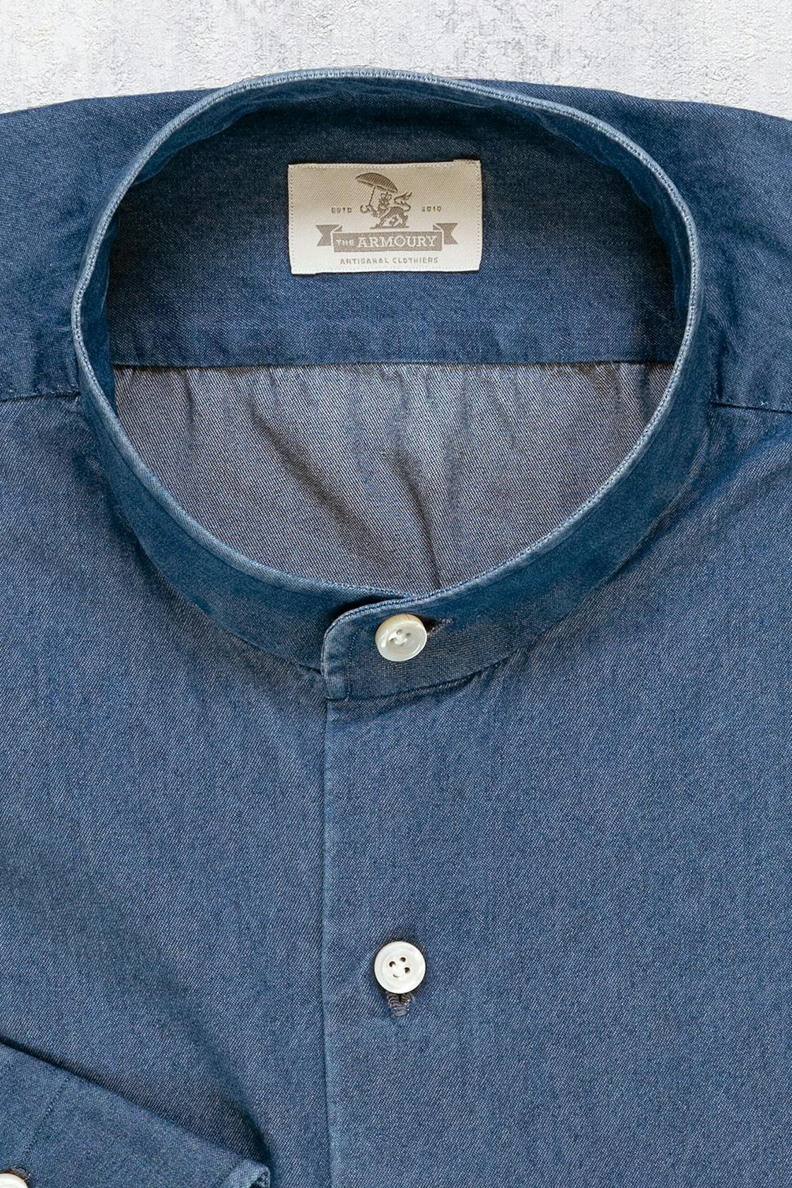 The Armoury Blue Cotton Denim Nehru Collar Shirt