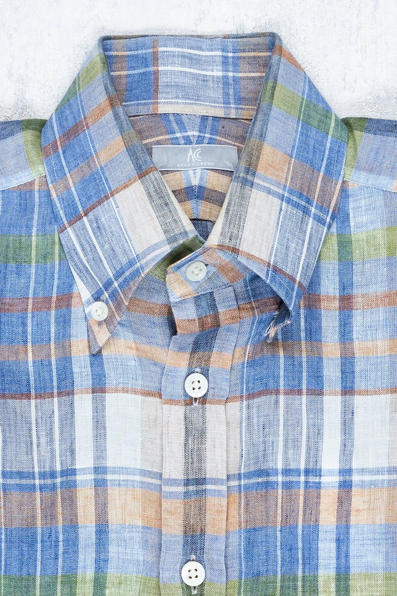 Ascot Chang Blue with Brown/Green/White Check Linen Button-down Shirt