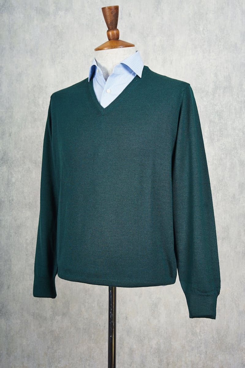 Ascot Chang Green Extra-Fine Merino Wool V-Neck Sweater