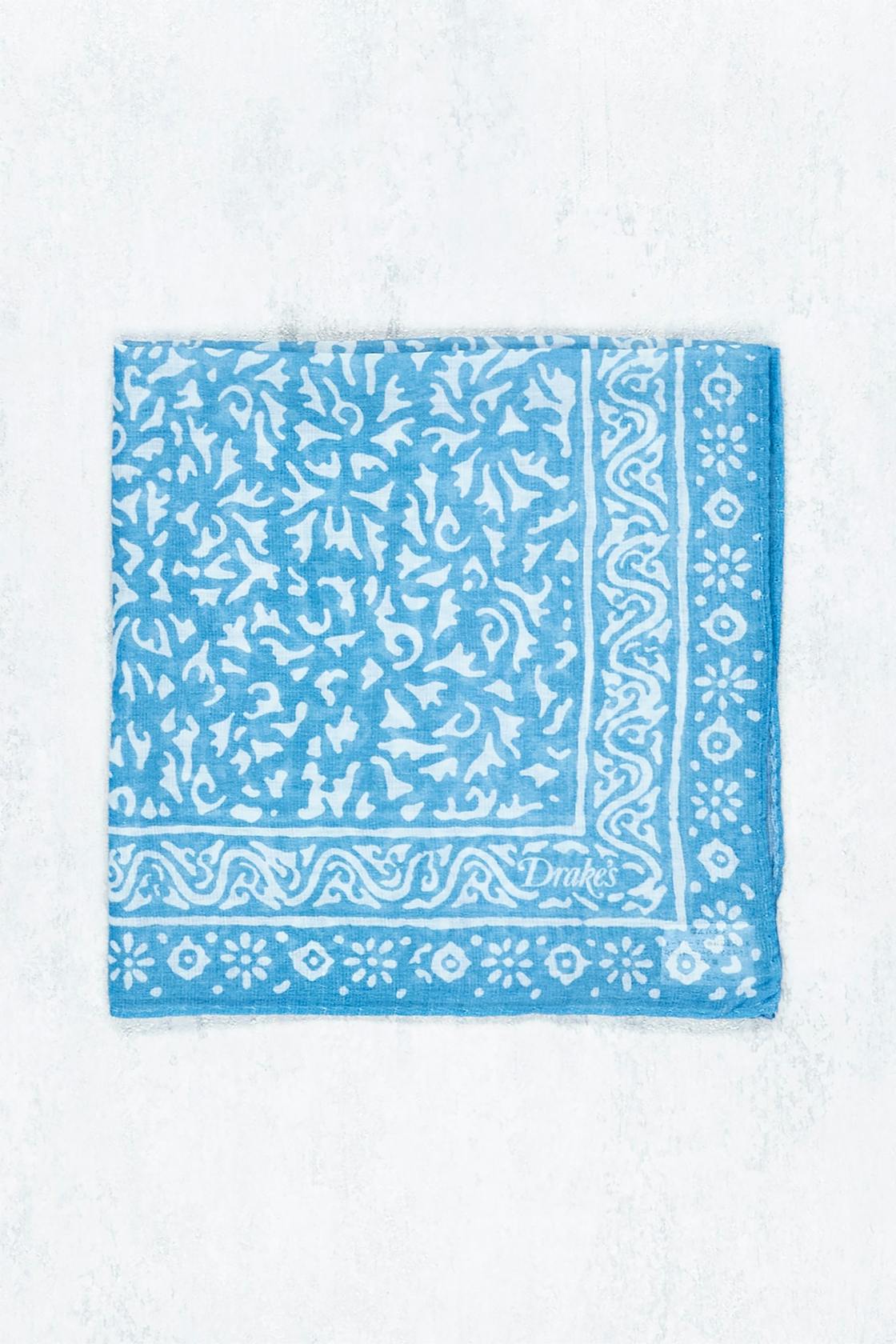 Drake's Blue with White Print Cotton/Modal/Cashmere Pocket Square