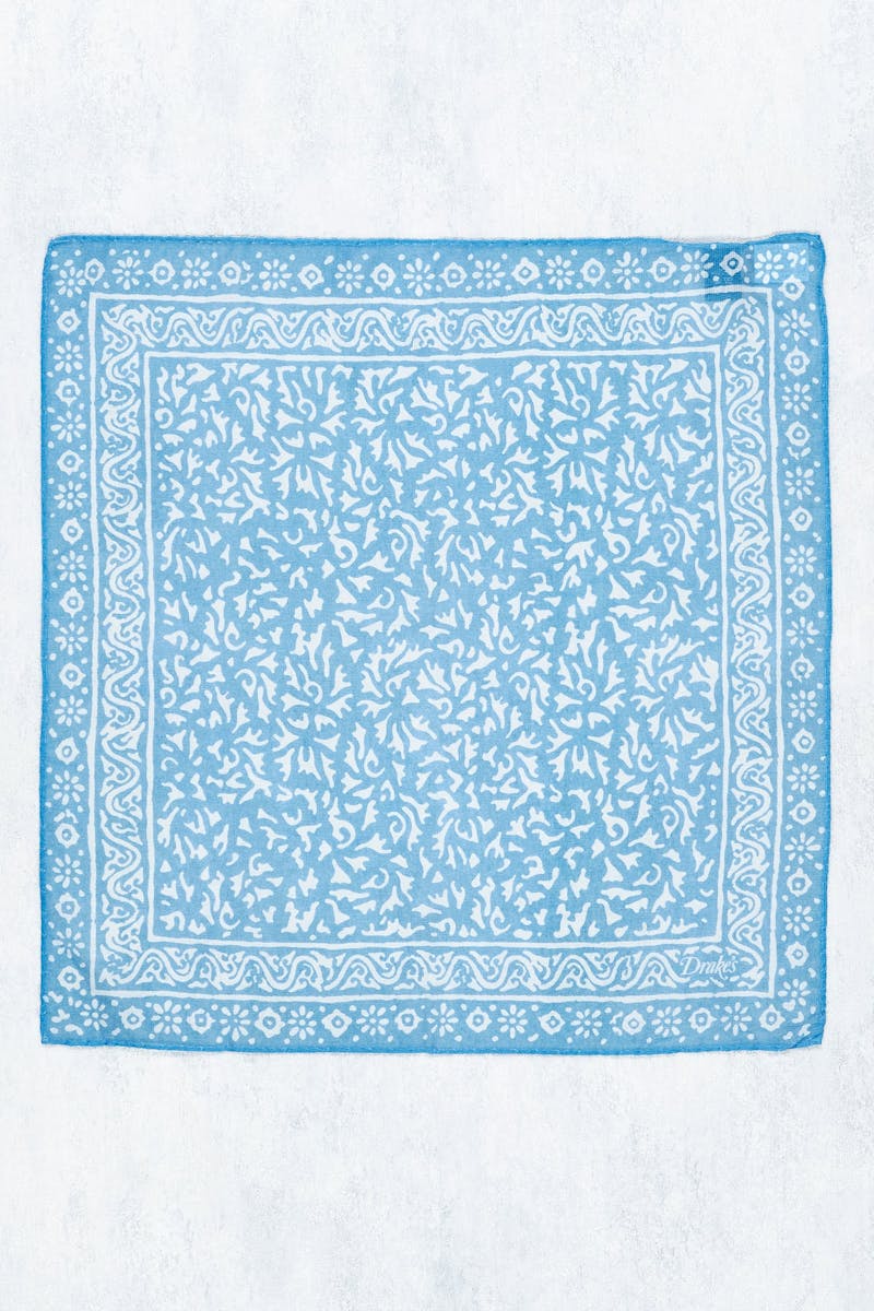 Drake's Blue with White Print Cotton/Modal/Cashmere Pocket Square