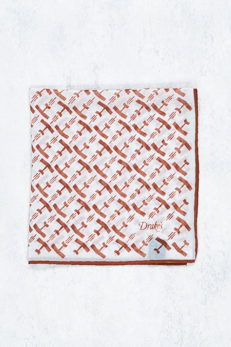 Drake's White with Red-Brown Plane Pattern Cotton/Silk Pocket Square