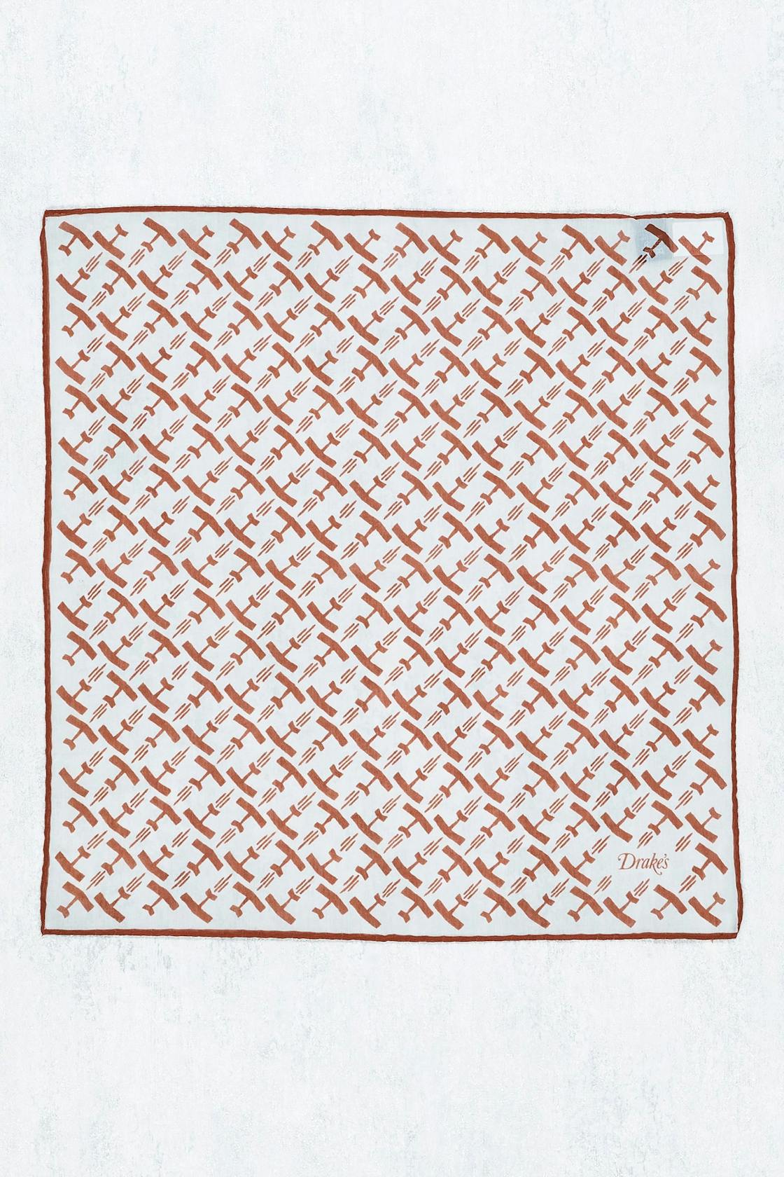 Drake's White with Red-Brown Plane Pattern Cotton/Silk Pocket Square