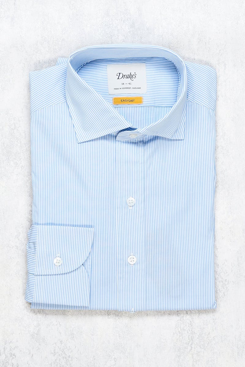 Drake's Light Blue and White Stripe Spread Collar Cotton Shirt