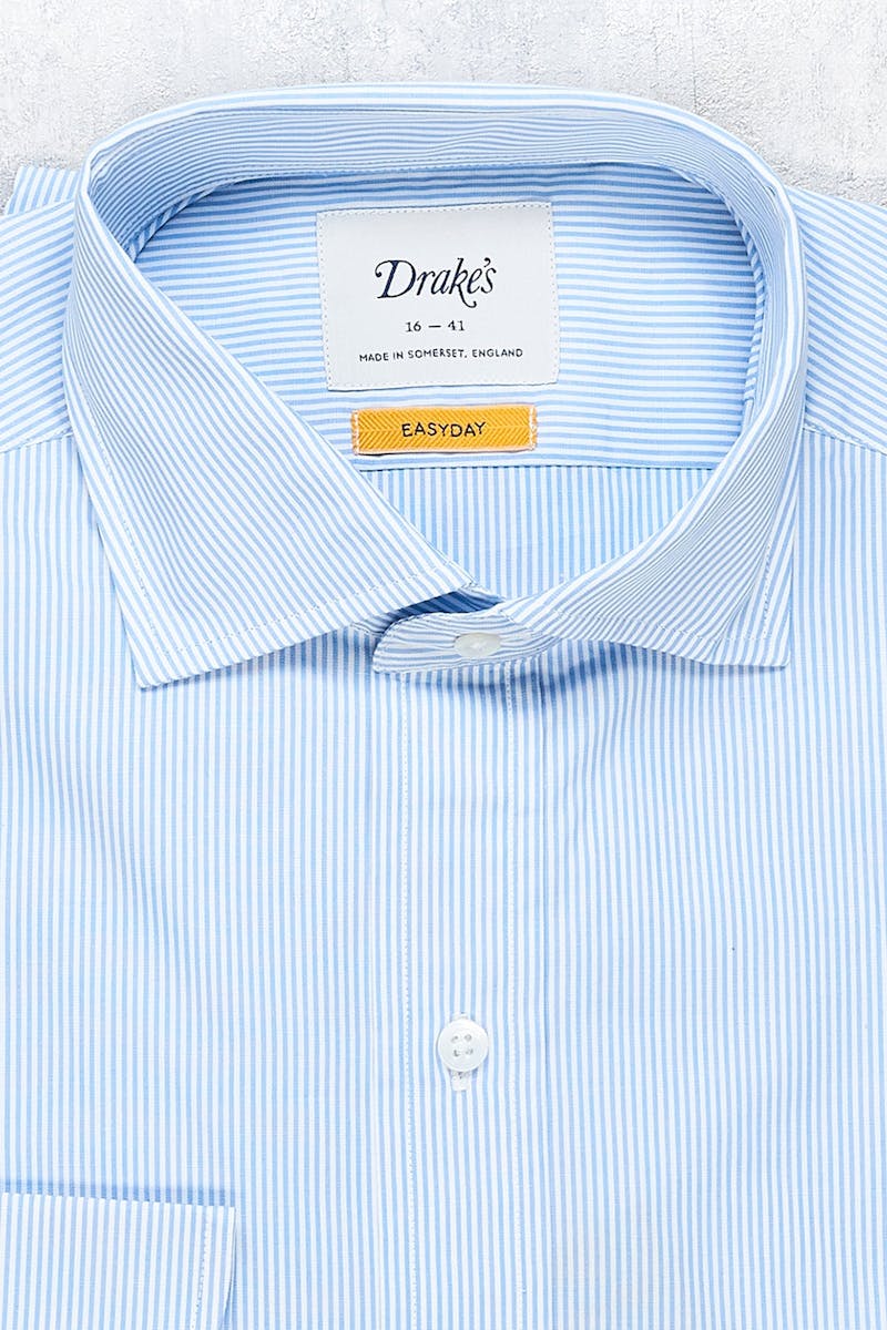 Drake's Light Blue and White Stripe Spread Collar Cotton Shirt
