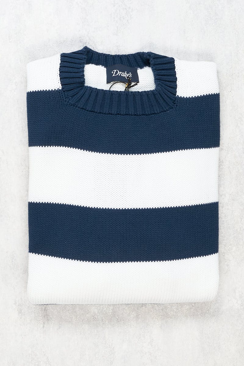 Drake's Navy and White Stripe Cotton Sweater