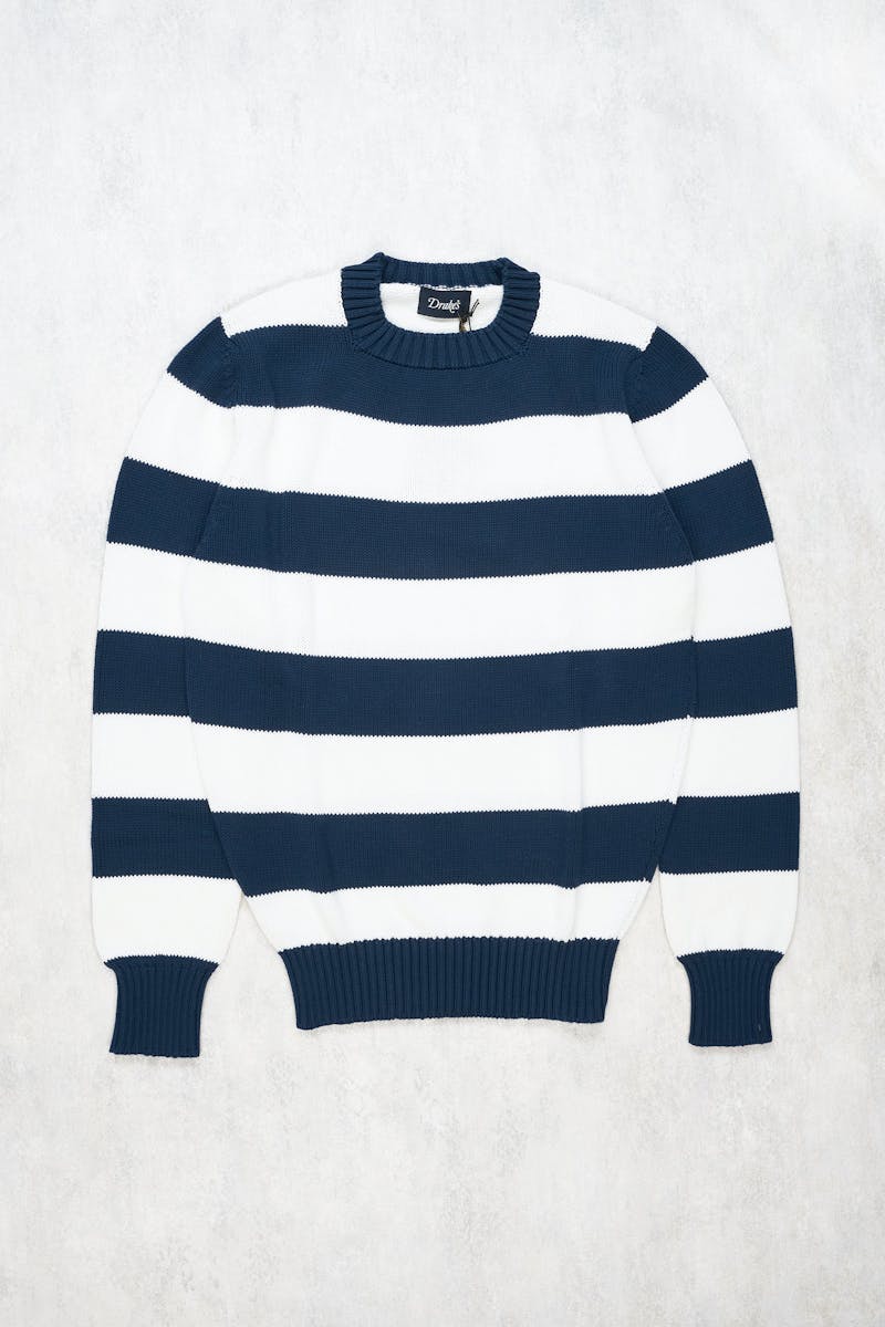 Drake's Navy and White Stripe Cotton Sweater