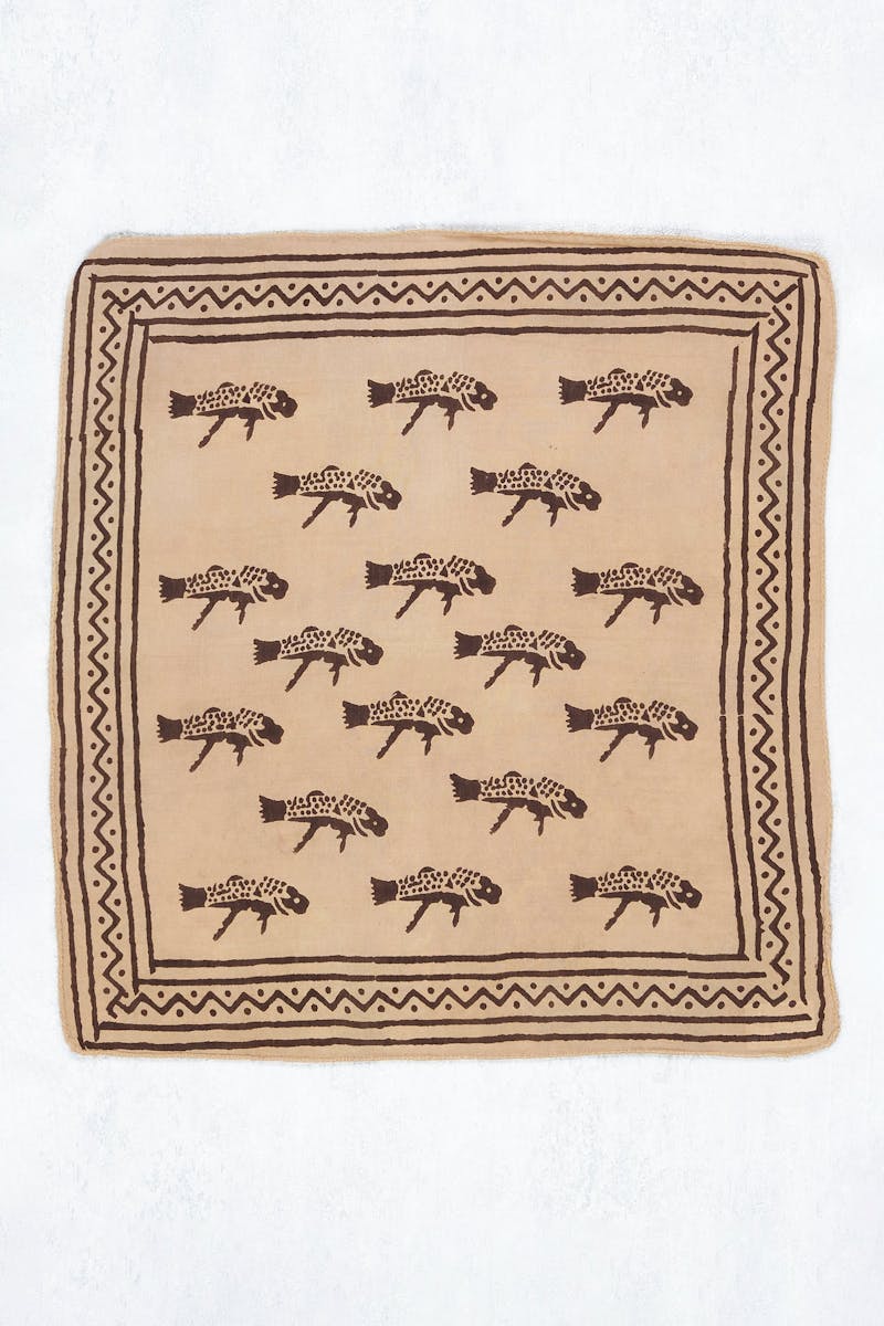 Drake's by Stòffa Camel with Dark Brown Fish Print Cotton/Silk Pocket Square