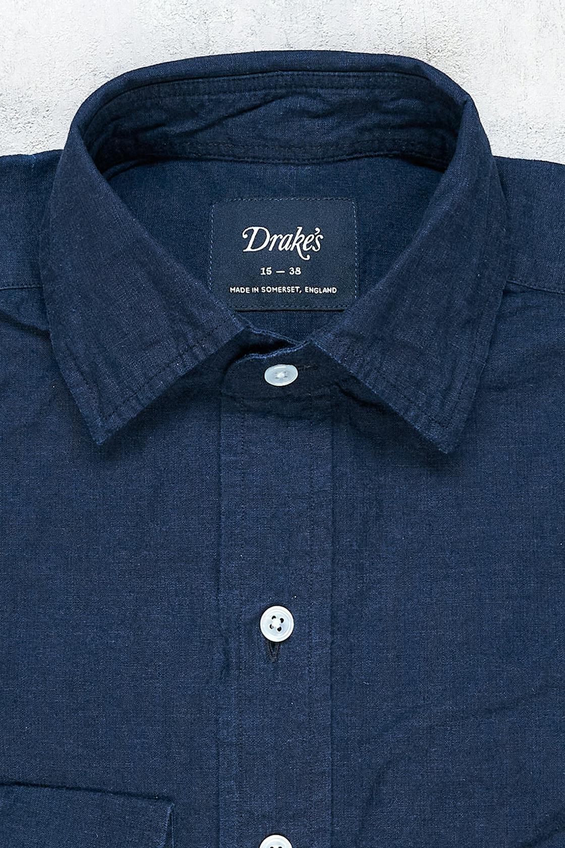Drake's Navy Cotton Spread Collar Shirt