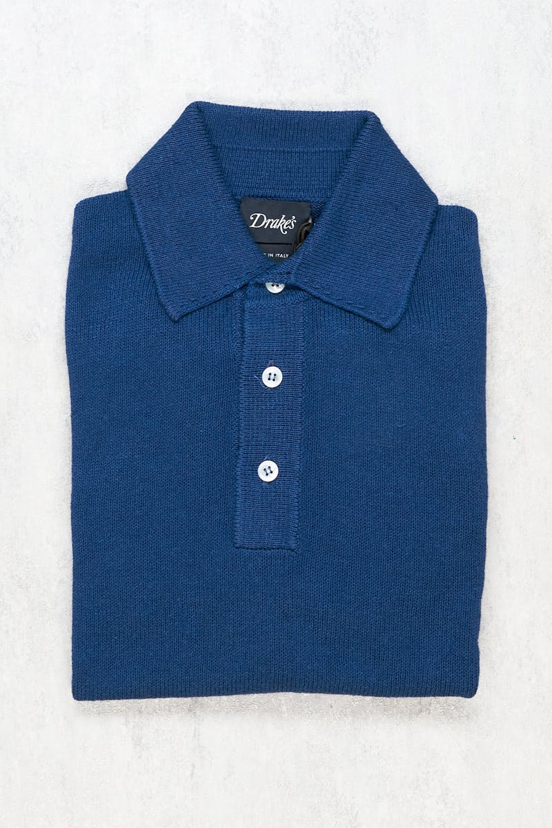 Drake's Blue Linen-Silk Knitted Short Sleeve Polo