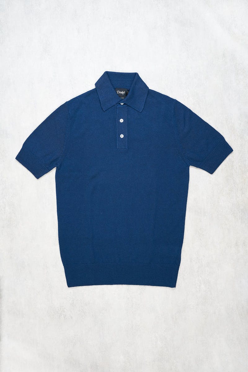 Drake's Blue Linen-Silk Knitted Short Sleeve Polo
