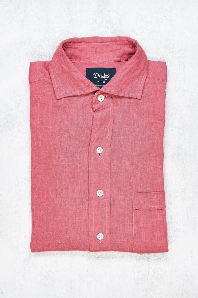 Drake's Pink Linen Spread Collar Shirt