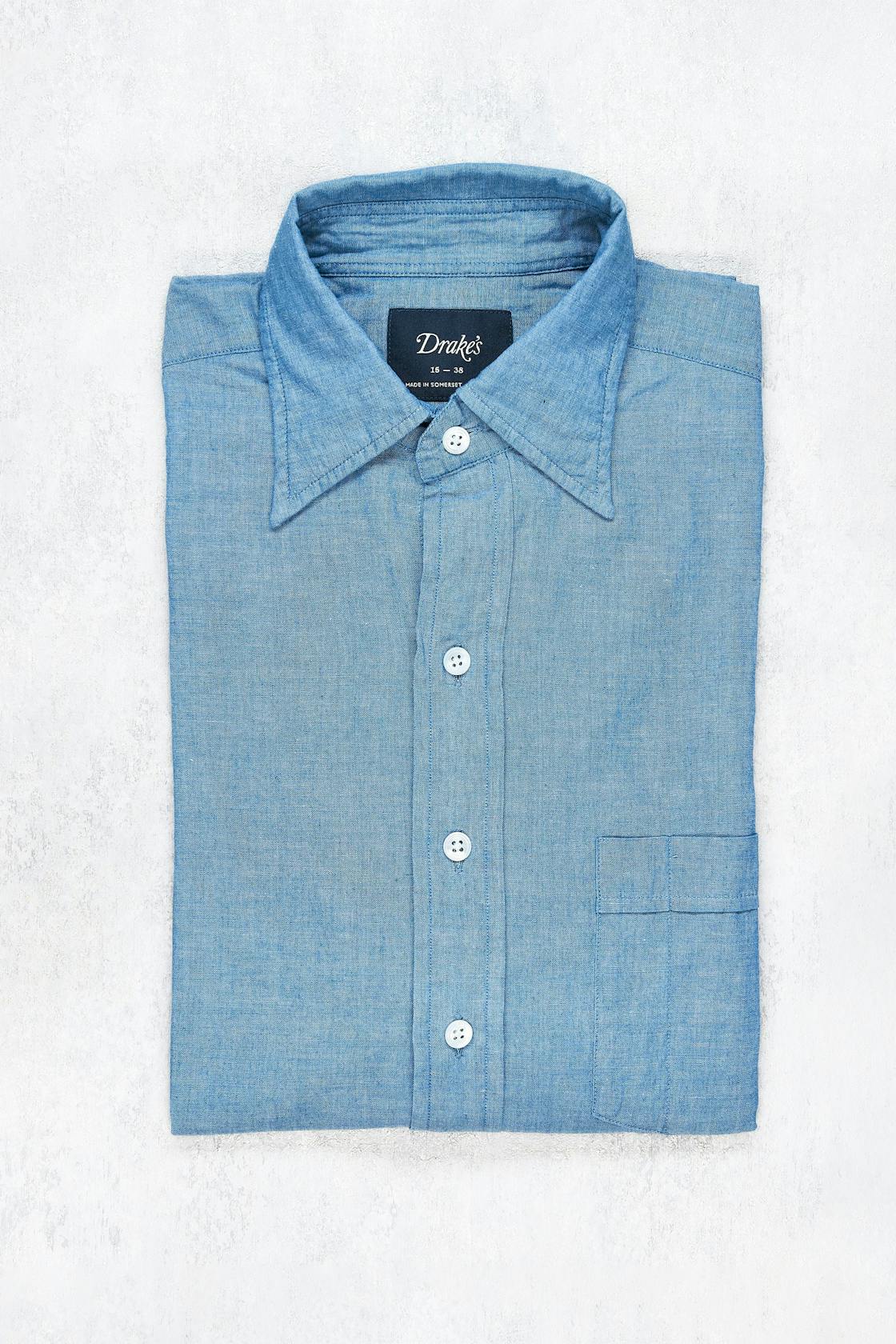 Drake's Blue Cotton Spread Collar Shirt