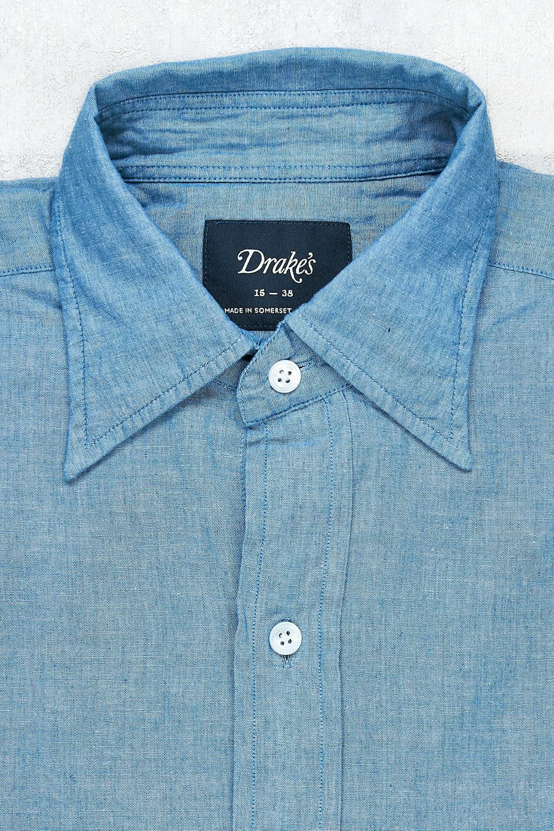 Drake's Blue Cotton Spread Collar Shirt