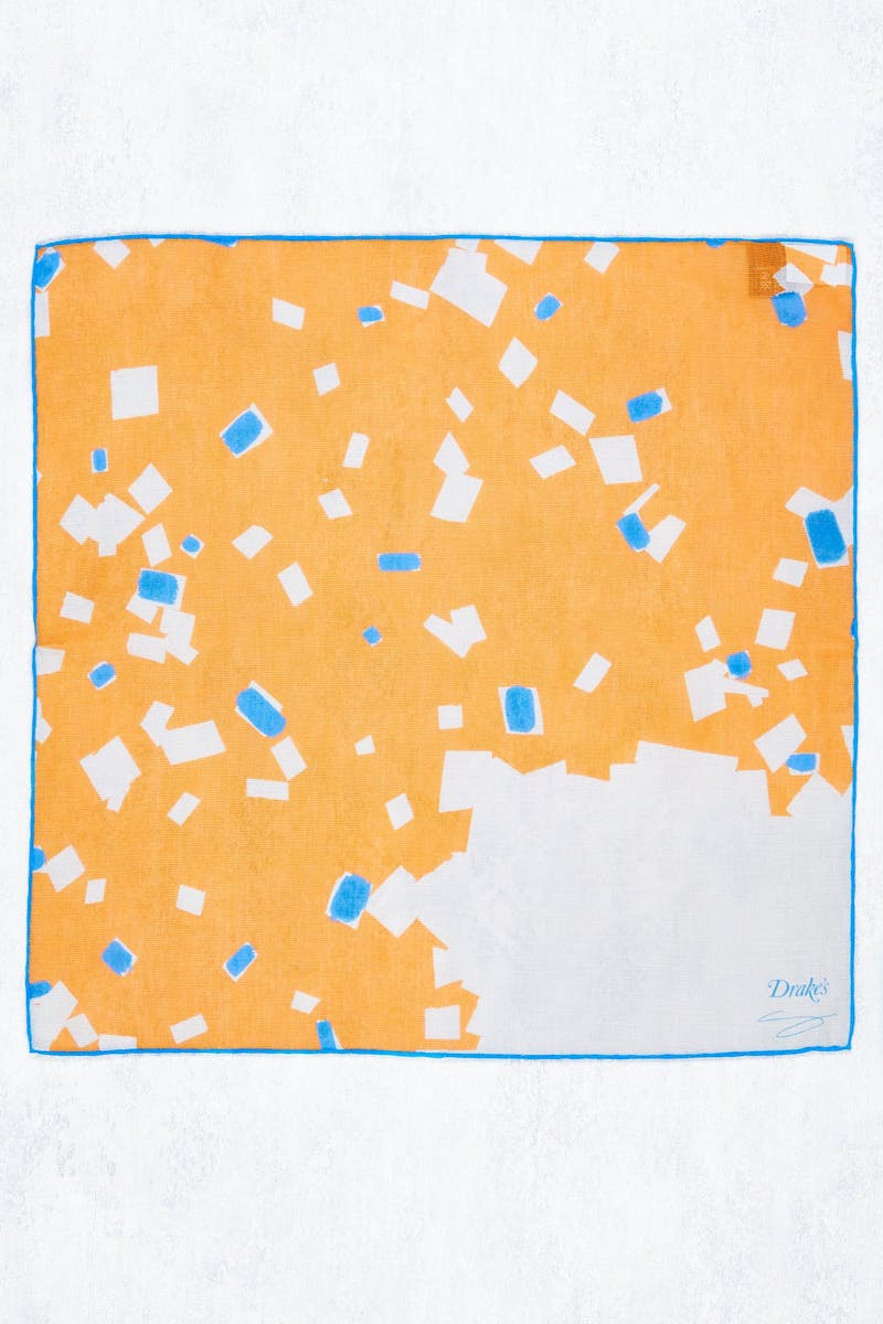 Drake's Orange with Blue/White Cotton/Modal/Cashmere Pocket Square