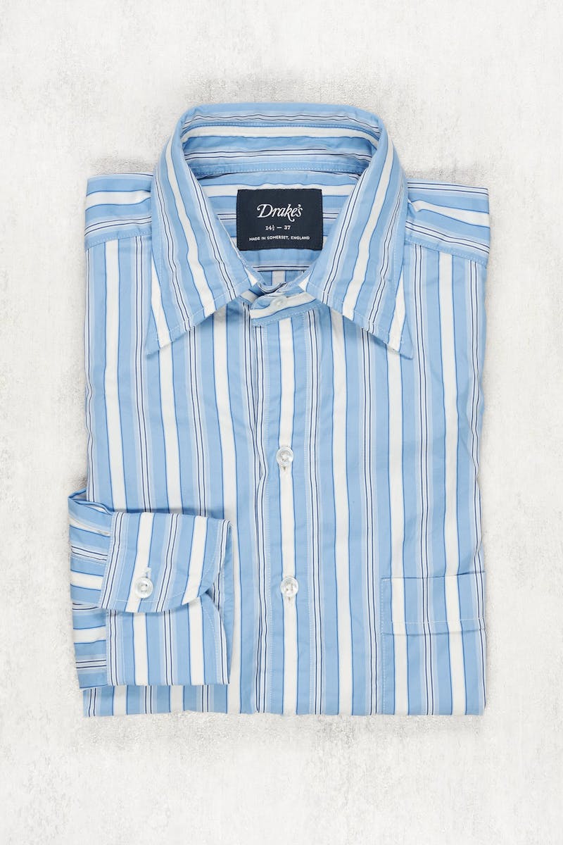 Drake's Blue with White Stripe Cotton Spread Collar Shirt