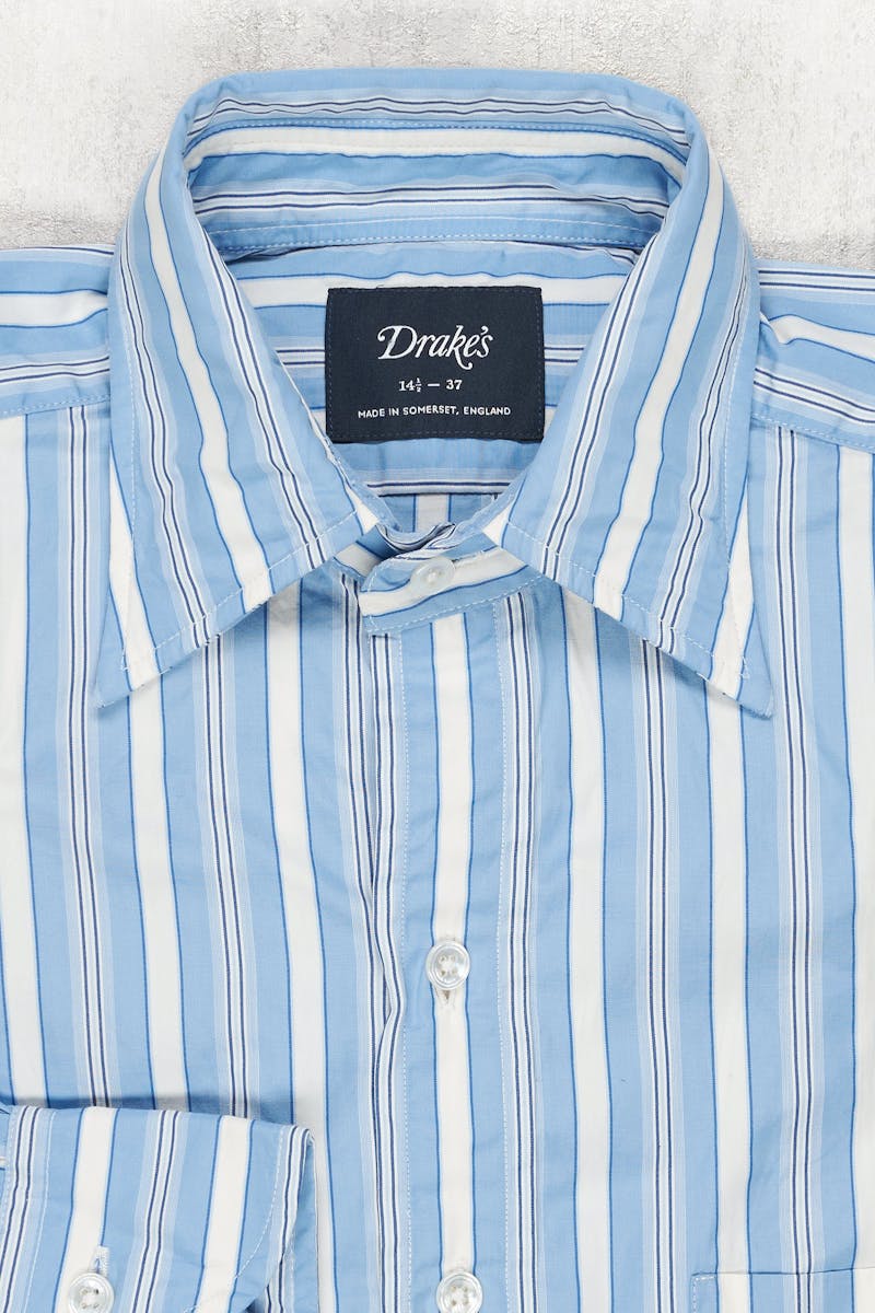 Drake's Blue with White Stripe Cotton Spread Collar Shirt