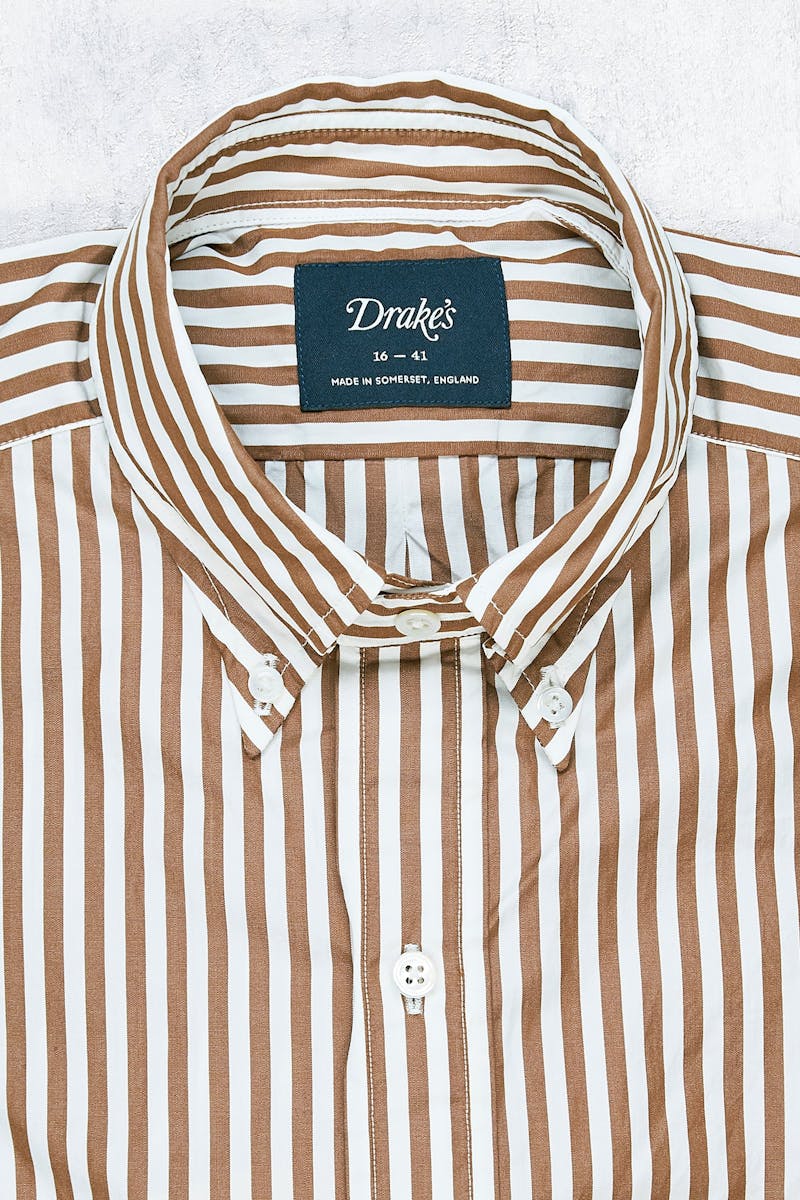 Drake's Brown/White Stripe Cotton Button-down Shirt