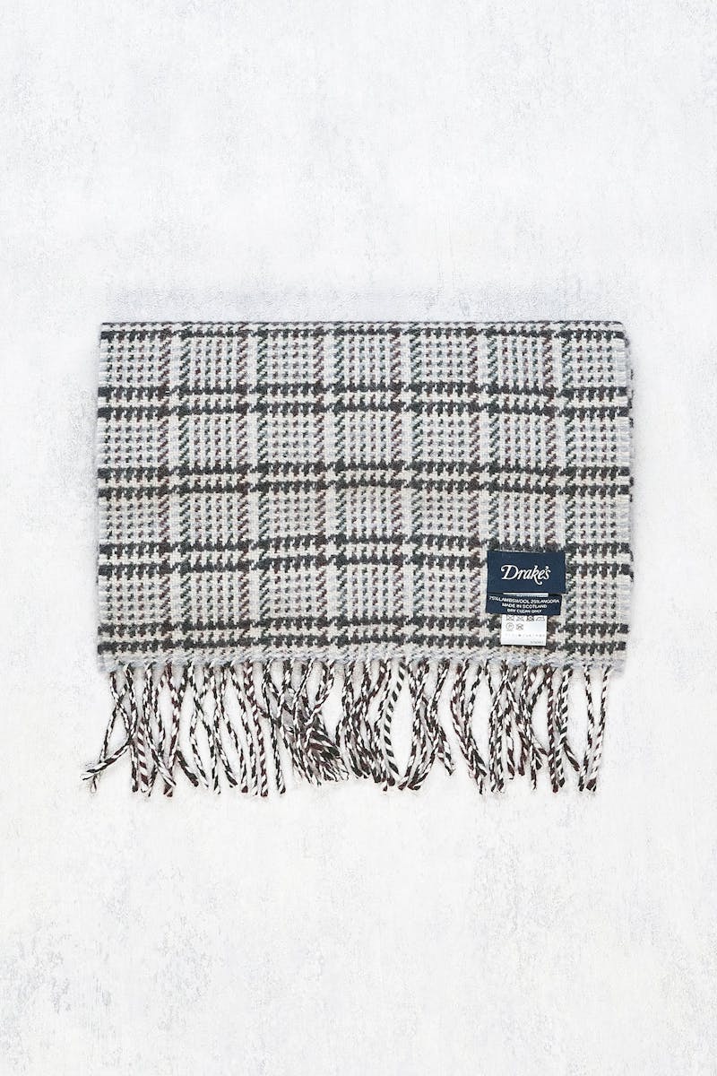 Drake's Brown/Green with Charcoal Check Lambswool/Angora Scarf