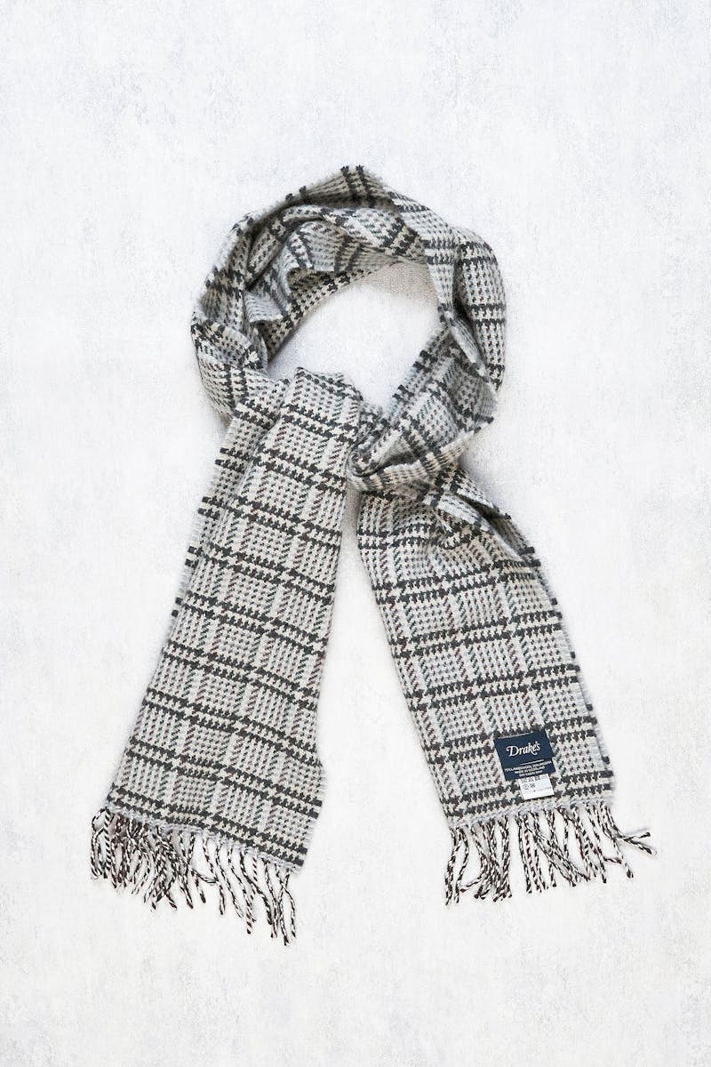 Drake's Brown/Green with Charcoal Check Lambswool/Angora Scarf