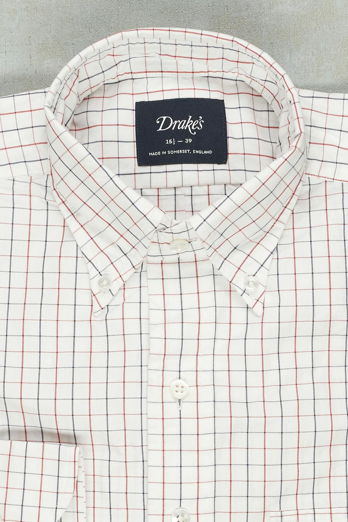 Drake's White with Red/Navy Check Cotton Button-down Shirt