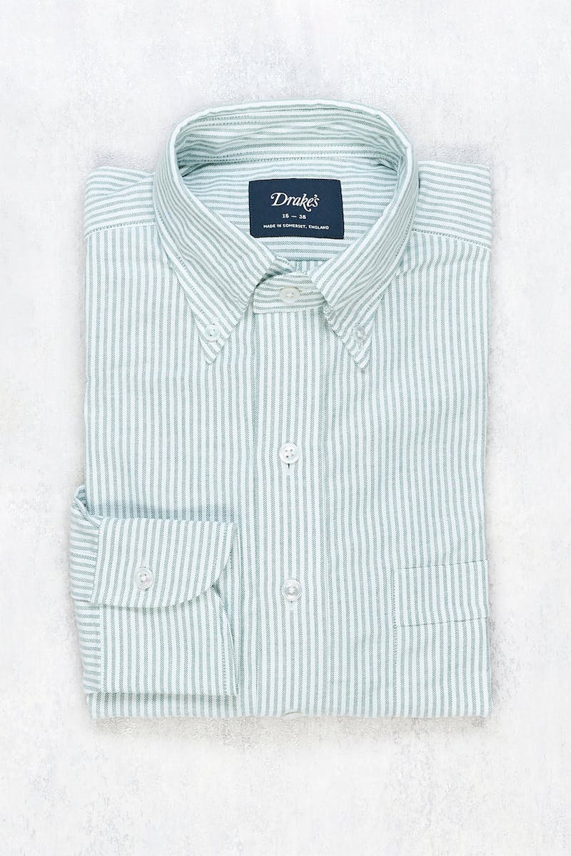 Drake's Green and White Stripe Cotton Button-down Shirt