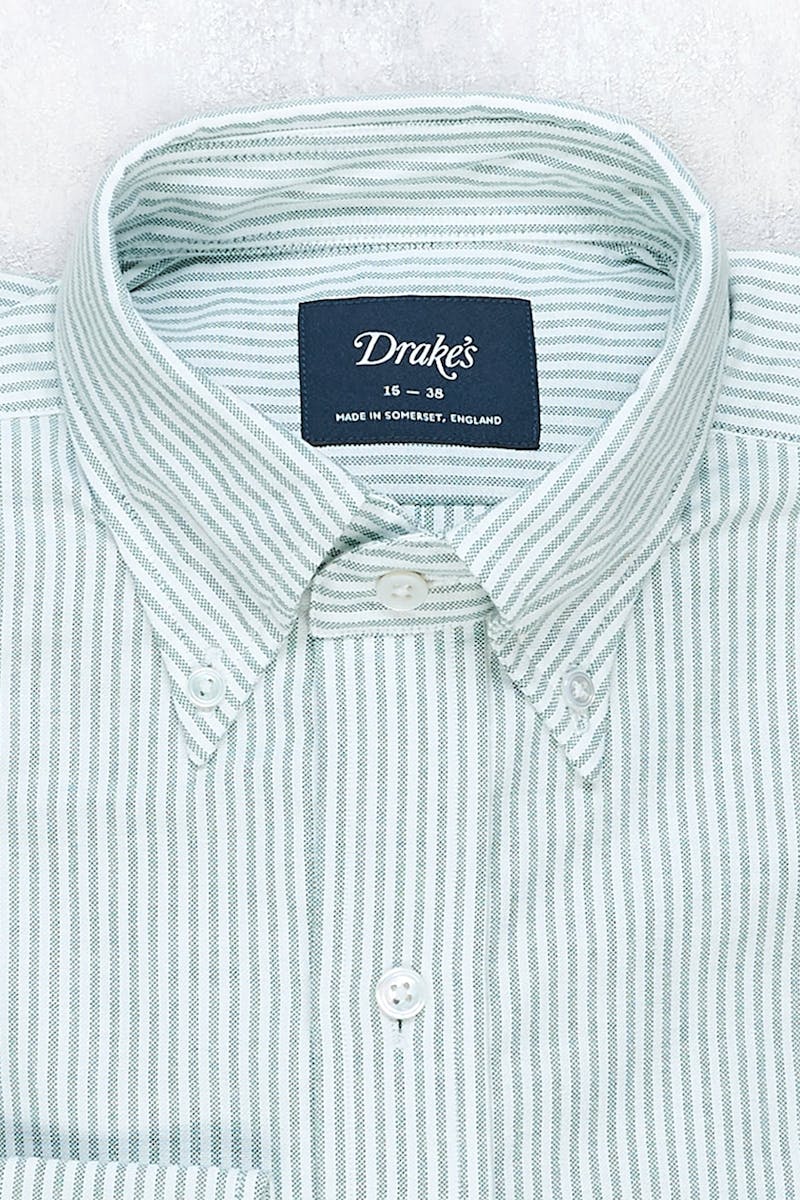 Drake's Green and White Stripe Cotton Button-down Shirt