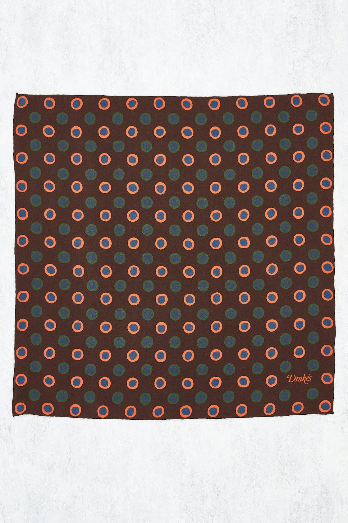 Drake's Brown with Blue/Orange Circle Pattern Silk Pocket Square
