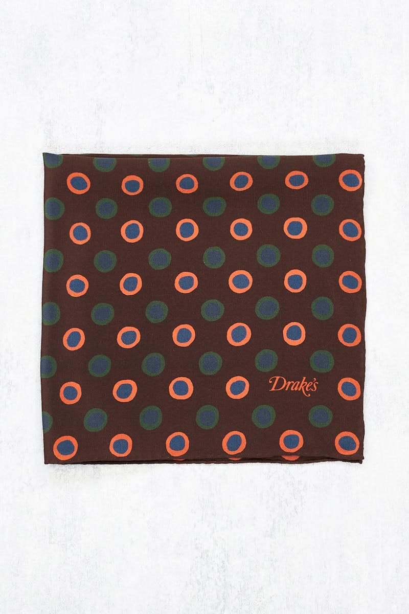 Drake's Brown with Blue/Orange Circle Pattern Silk Pocket Square