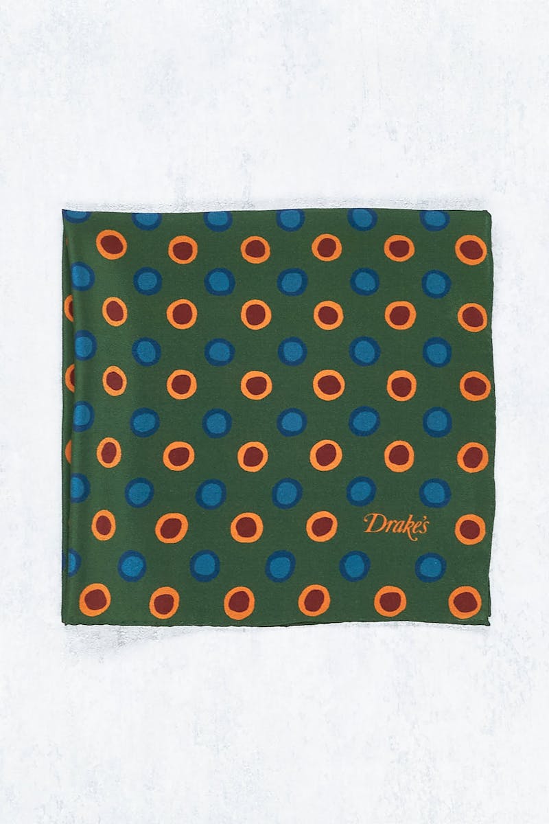 Drake's Green with Red/Blue Circle Pattern Silk Pocket Square