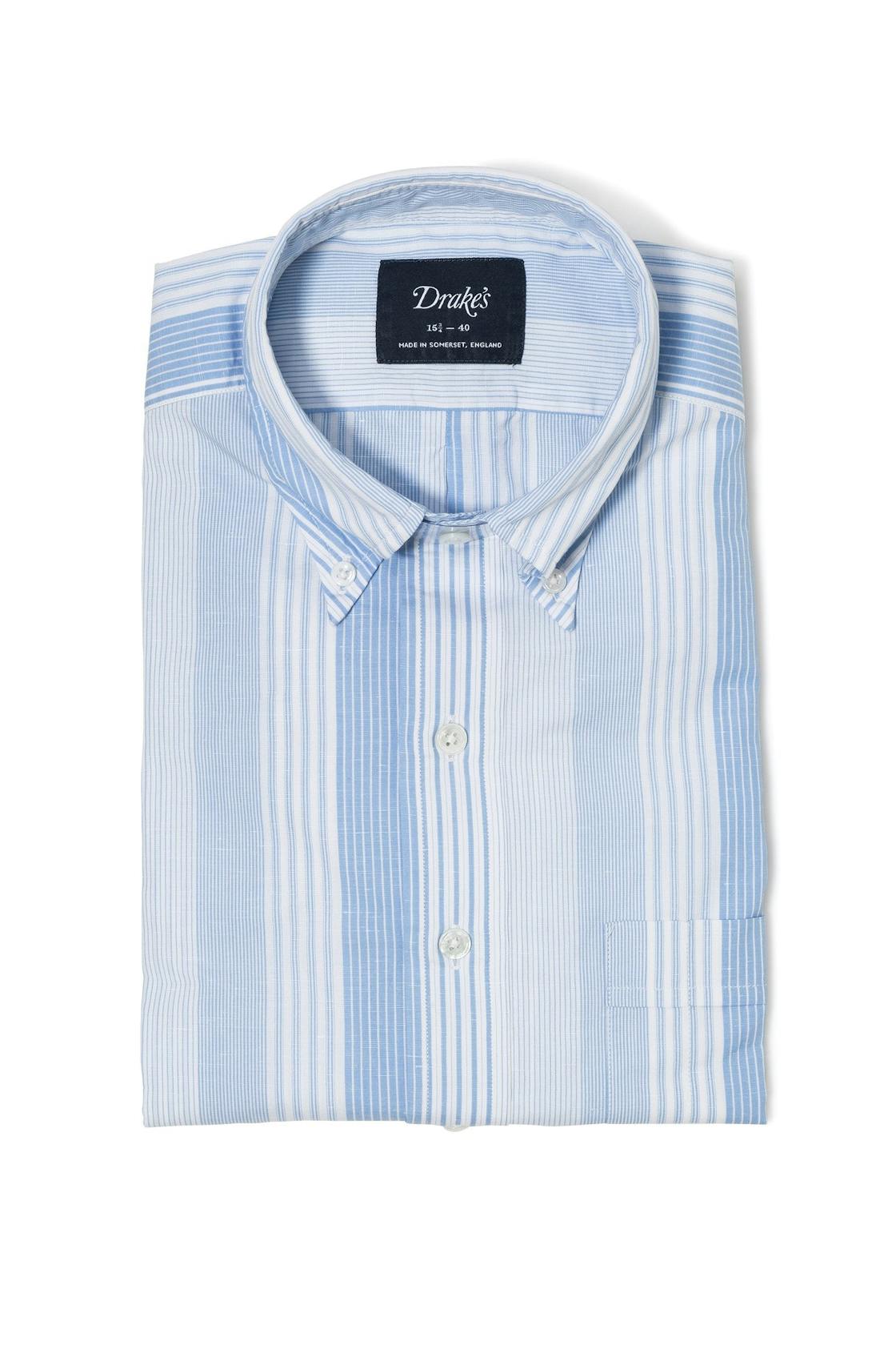 Drake's Blue/White Cotton/Linen Button Down Shirt