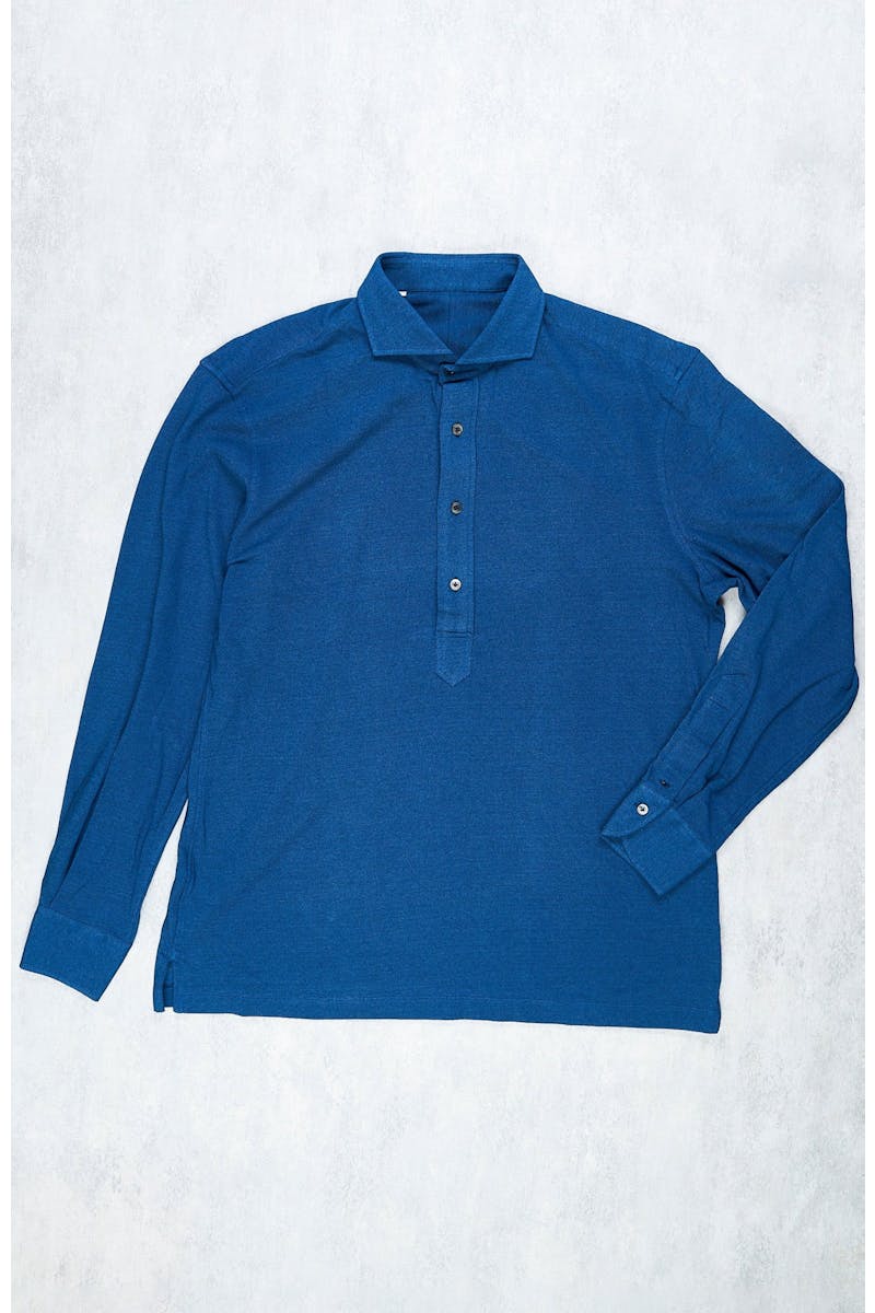 P. Johnson Indigo Cotton Pique Cutaway Collar Popover Shirt
